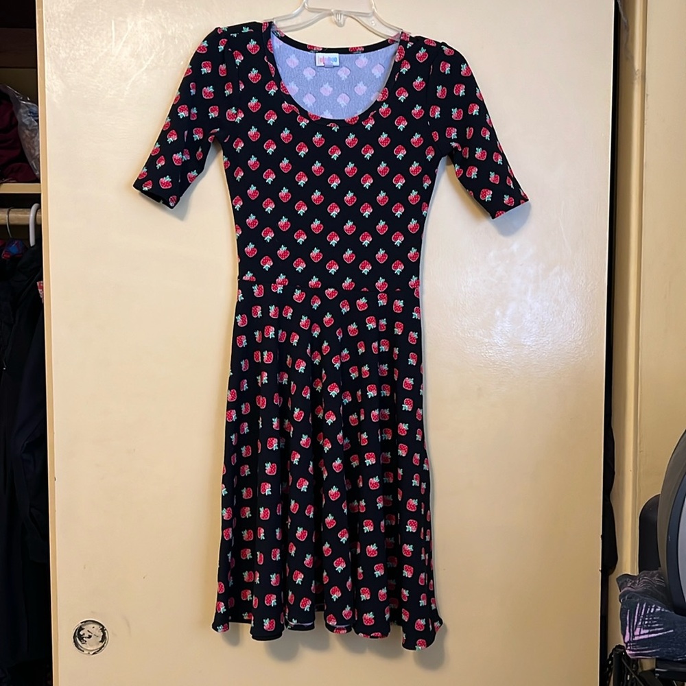 Lula Roe Red Strawberry motif, black dress